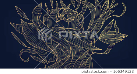 Vector art deco luxury floral line pattern, golden background. Hand drawn wavy plants for packaging, social media post, cover, banner, creative post and wall arts. Japanese style. 106349128