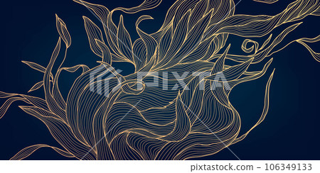 Vector art deco luxury floral line pattern, golden background. Hand drawn wavy plants for packaging, social media post, cover, banner, creative post and wall arts. Japanese style. 106349133