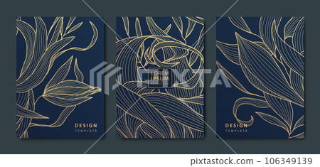 Vector japanese leaves art deco patterns. Floral golden elements template in vintage style. Luxury black line covers, flyers, brochures, packaging design, social media post, banners. 106349139