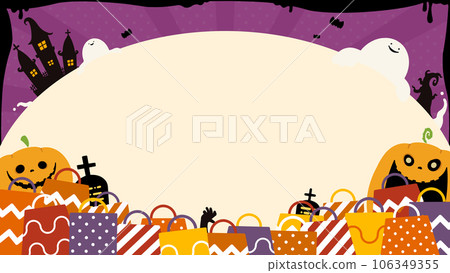 Happy Halloween ad template (purple) surrounded by monsters and shopping bags 106349355