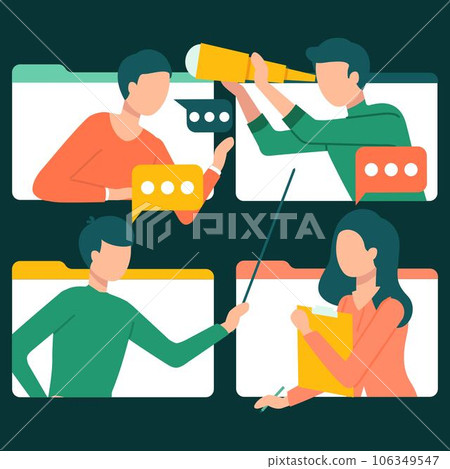 People on screen communicate, look for information and interlocutor, study online. Talk bubble speech and computer monitor icon. Chat online template. Social media communication, comment section 106349547