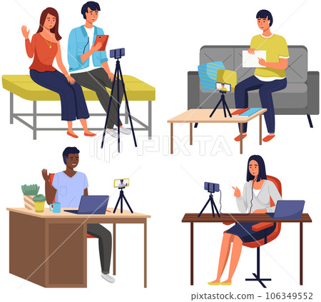 Bloggers man and woman recording video for blog. Video call podcast concept. People with smartphone talking to friend on screen at online meeting. Distance learning at educational platform with tablet Bloggers man and woman recording video for blog. Video call podcast concept. People with smartphone talking to friend on screen at online meeting. Distance learning at educational platform with tablet 106349552