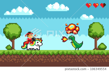 Pixel game scene. Vector illustration. Pixelated hero on unicorn fight with dragon monster with fire. Old style 8bit pixel game with bright landscape. 8-bit adventure video-game. Pixel art style 106349554