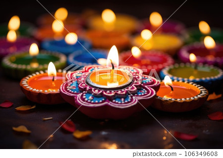 Happy Diwali. Clay Diya lamps during Diwali celebration, Hindu festival of lights celebration. 106349608