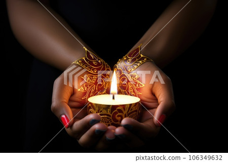Woman hands with henna holding colorful clay diya lamps lit during diwali celebration 106349632