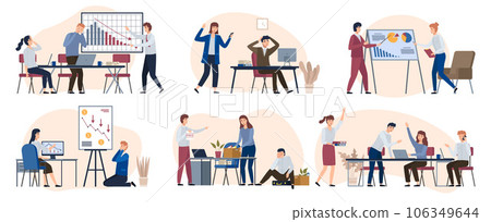 Financial crisis, business failure, economy crash, bankruptcy unpaid loan debt. Down arrow, negative chart, man upset about losing profits. Global economic money problem, depressed entrepreneur 106349644