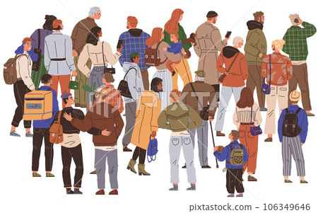 Big queue. Many multitude people. Vector illustration. The queue group at back occasionally shuffled forward, inching closer to front The crowd queuing for movie premiere braved cold weather 106349646