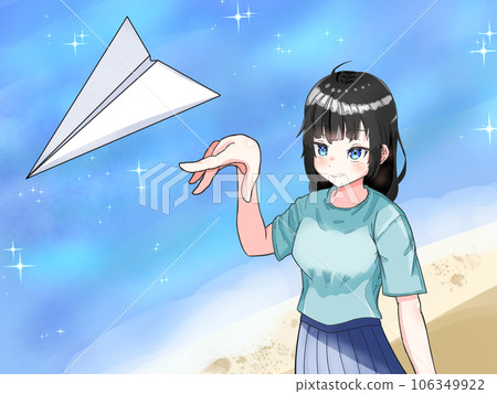 在海灘上駕駛紙飛機的女人 在海灘上駕駛紙飛機的女人 106349922