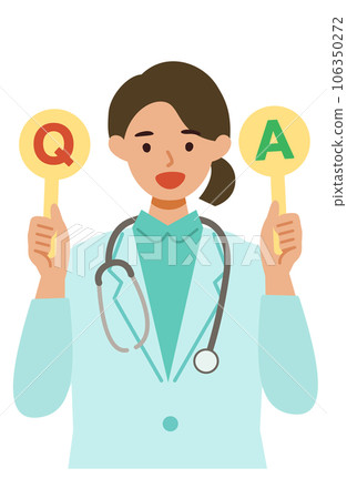 Illustration of the upper body of a female doctor in a white coat Q&A Illustration of the upper body of a female doctor in a white coat Q&A 106350272