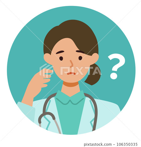 一位身穿白大褂的女醫生上半身的插圖，心存疑慮 106350335