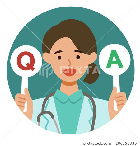 Illustration of the upper body of a female doctor in a white coat Q&A 106350339