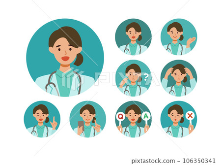 Illustration of the upper body of a doctor woman in a white coat Smile 106350341