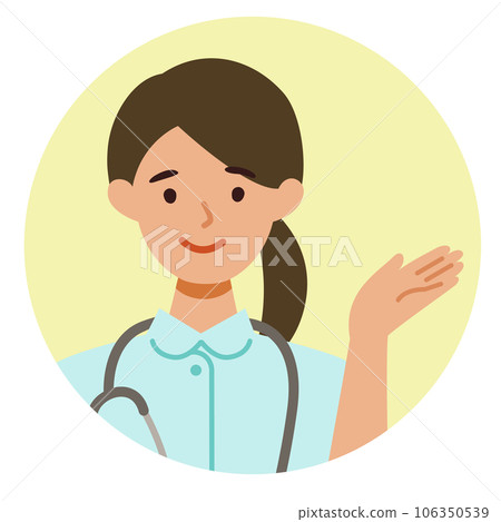 Upper body illustration of a female nurse in white coat Pointing Upper body illustration of a female nurse in white coat Pointing 106350539
