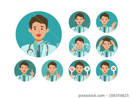 Illustration of the upper body of a male doctor in a white coat Smile Illustration of the upper body of a male doctor in a white coat Smile 106350625