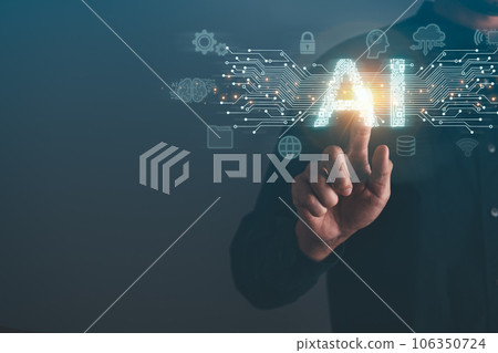 Businessman holding AI Artificial Intelligence icon.AI Chat bot, Futuristic technology, innovation technology and robot concept. 106350724