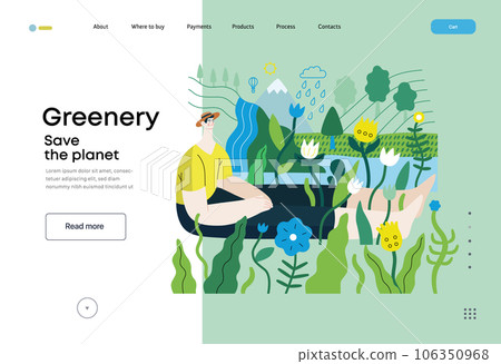 Greenery, ecology -modern flat vector concept illustration of a man sitting in the landscape with river and waterfall. Metaphor of environmental sustainability and protection, closeness to nature 106350968
