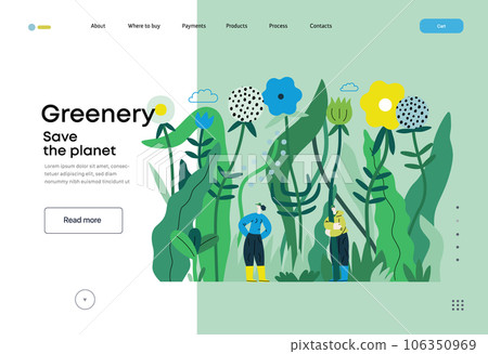 Greenery, ecology -modern flat vector concept illustration of tiny people in the grass, surrounded by plants and flowers. Metaphor of environmental sustainability and protection, closeness to nature Greenery, ecology -modern flat vector concept illustration of tiny people in the grass, surrounded by plants and flowers. Metaphor of environmental sustainability and protection, closeness to nature 106350969