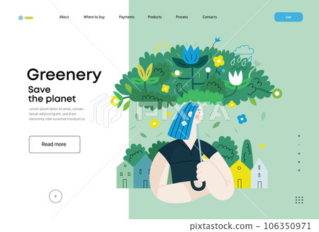 Greenery, ecology -modern flat vector concept illustration of a woman under the green lush umbrella of plants and flowers. Metaphor of environmental sustainability and protection, closeness to nature 106350971