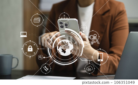 Person using smartphone with SDK icon on virtual screen. SDK Software development kit programming language technology concept in office. 106351049