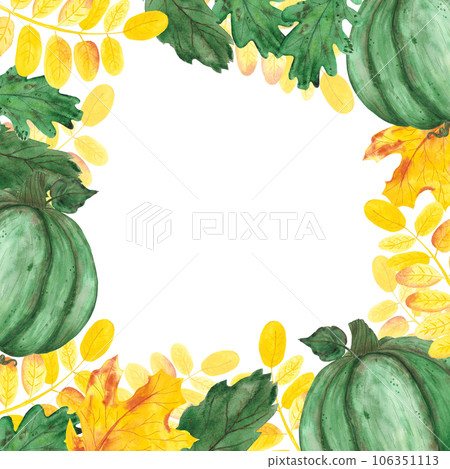 Hand drawn watercolor autumn leaves pumpkin frame boarder on white background. Can be used for invitation, Scrapbook, poster, label, banner. Hand drawn watercolor autumn leaves pumpkin frame boarder on white background. Can be used for invitation, Scrapbook, poster, label, banner. 106351113