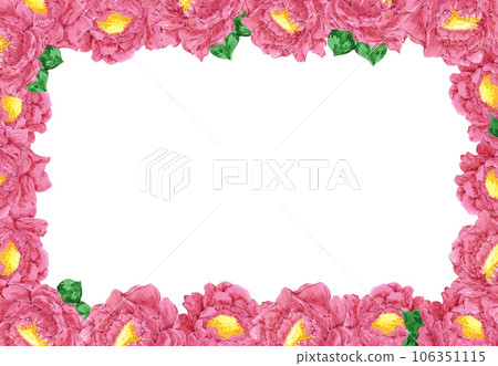 Hand drawn watercolor magenta peony flower frame. Isolated on white background. Scrapbook, post card, banner, lable, poster. 106351115