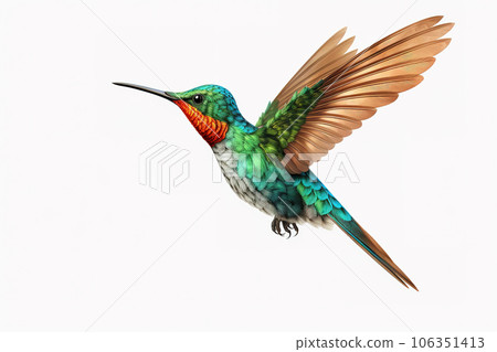 Image of a hummingbird with spread wings in flight on a white background. Wildlife. Bird. Illustration, Generative AI. Image of a hummingbird with spread wings in flight on a white background. Wildlife. Bird. Illustration, Generative AI. 106351413