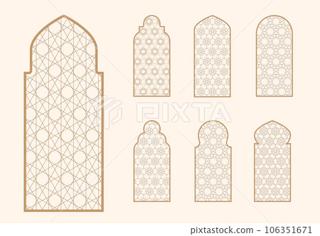 Islamic window shape with mashrabiya pattern. Arabic door frame. Islamic arhitecture elements of window and door and mashrabiya pattern. Islamic window shape with mashrabiya pattern. Arabic door frame. Islamic arhitecture elements of window and door and mashrabiya pattern. 106351671
