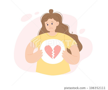 Broken heart person. A sad woman with a broken heart in her chest, flat cartoon vector illustration. 106352111