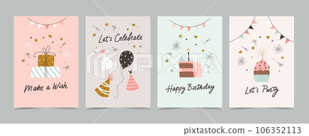 Happy birthday card set with cake, balloons and calligraphy. Cute and elegant vector illustration templates in simple style Happy birthday card set with cake, balloons and calligraphy. Cute and elegant vector illustration templates in simple style 106352113