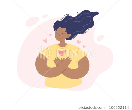 Self help concept. Young positive african american woman with her hand on the chest, gratitude and peace. Vector illustration in minimalist style Self help concept. Young positive african american woman with her hand on the chest, gratitude and peace. Vector illustration in minimalist style 106352114