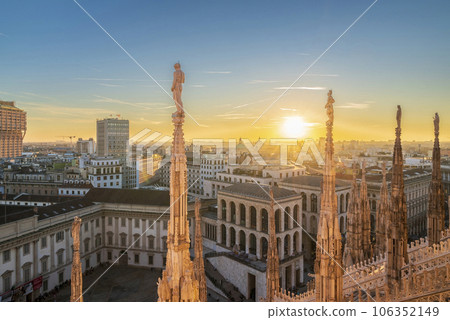 Aerial view of Royal Palace of Milan towards the southwest of Milan city 106352149