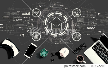 Telework theme with electronic gadgets and office supplies 106352208