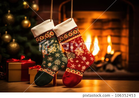 christmas concept. christmas socks with gifts on the background of the fireplace christmas concept. christmas socks with gifts on the background of the fireplace 106352453