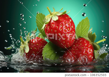 Succulent Strawberry Takes Flight, Dripping Juice on Pastel Green - Capturing the Essence of Summery Refreshment 106352503