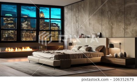 Generative ai illustration of Bedroom interior against concrete wall Generative ai illustration of Bedroom interior against concrete wall 106352679