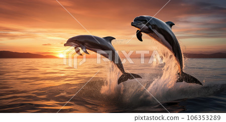 Group of Dolphins Frolicking in Harmonious Leaps Against Sunset Backdrop - Majestic Aquatic Display 106353289