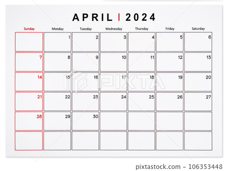 The April 2024 monthly calendar page isolated on white background, Saved clipping path. 106353448