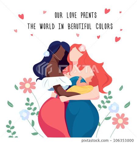 LGBT postcard, girls lesbian couple holding baby. Racial equality, skin colour, difference LGBT postcard, girls lesbian couple holding baby. Racial equality, skin colour, difference 106353800
