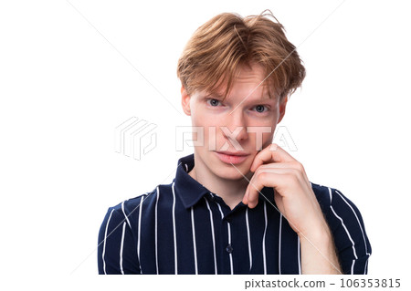 handsome young blond man in blue polo model appearance handsome young blond man in blue polo model appearance 106353815