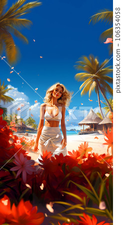Illustration of a beautiful woman on vacation on a tropical island 106354058