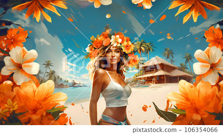 Illustration of a beautiful woman on vacation on a tropical island 106354066