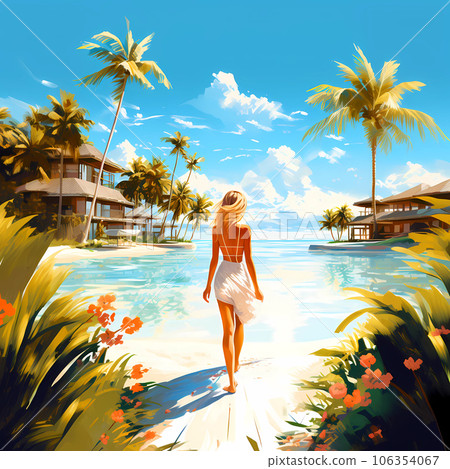 Illustration of a beautiful woman on vacation on a tropical island 106354067