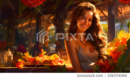 Illustration of a beautiful woman on vacation on a tropical island Illustration of a beautiful woman on vacation on a tropical island 106354068