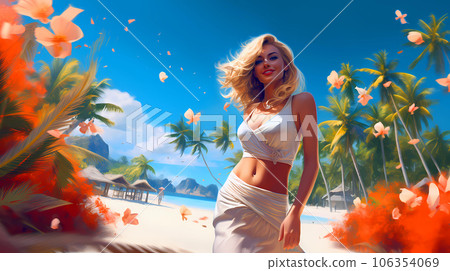 Illustration of a beautiful woman on vacation on a tropical island 106354069
