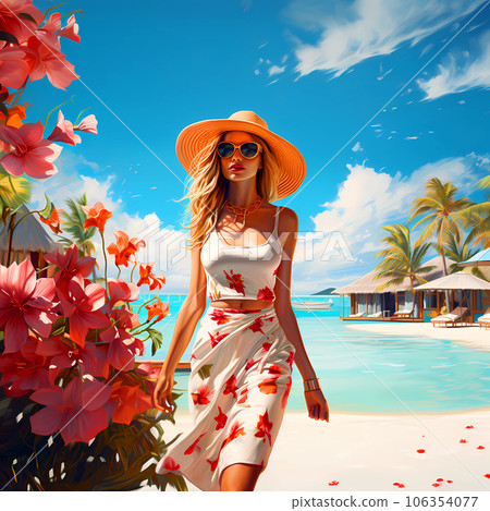Illustration of a beautiful woman on vacation on a tropical island 106354077