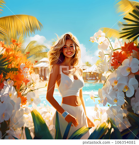 Illustration of a beautiful woman on vacation on a tropical island 106354081