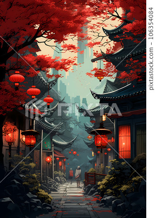 Illustration of a Chinese city with traditional architecture 106354084