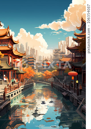 Illustration of a Chinese city with traditional architecture 106354087