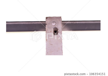 Under nut structure to fix concrete column to large steel bar beam. Construction of rural houses in Thailand. Tightening with screws with washer Simple construction strong isolated on white background 106354151