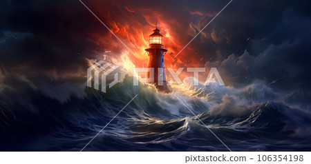 Illustration of a boat sailing towards the lighthouse during a storm Illustration of a boat sailing towards the lighthouse during a storm 106354198